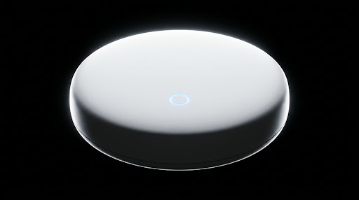 Studio-lit render of a sleek, minimalist round environmental sensor device on a pure black background.